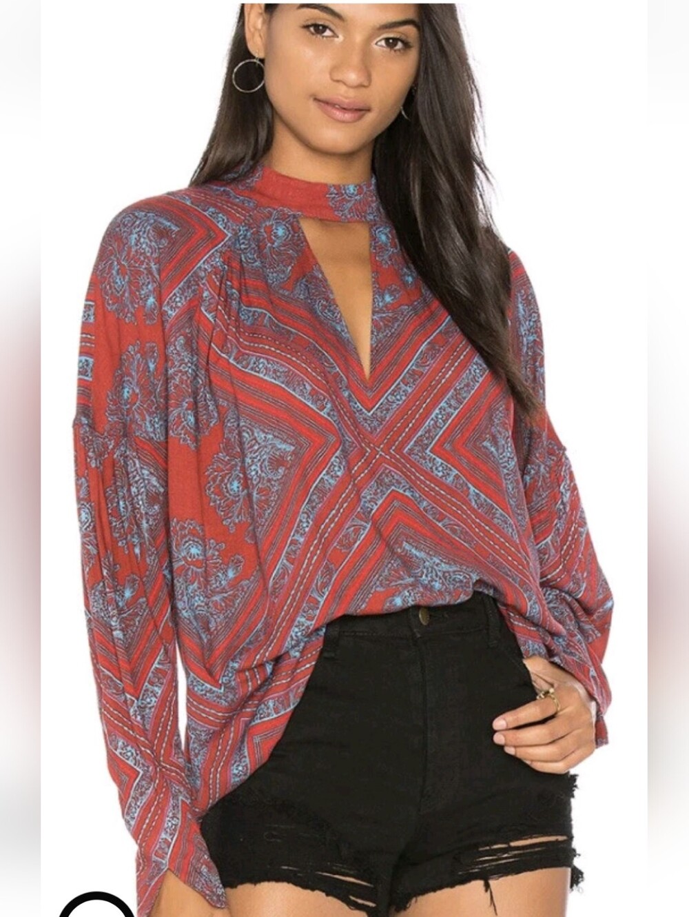 Free People Tunic Top Geometric Paisley Print Walking On a Dream Cut-Out Small